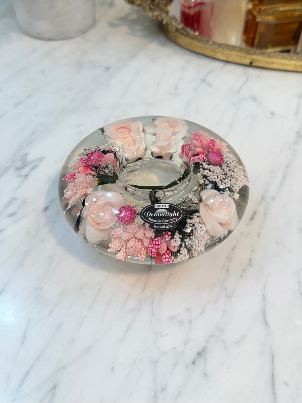 Gilde Dreamlight Glass Candle Holder with Flowers "Little Rose' Made in Germany - Picture 5 of 15